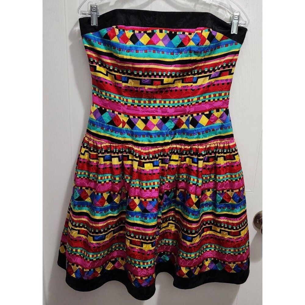 Vtg A.J Bari Strapless Fit & Flare Dress Bright Geometric Print Sz 10 100% Silk